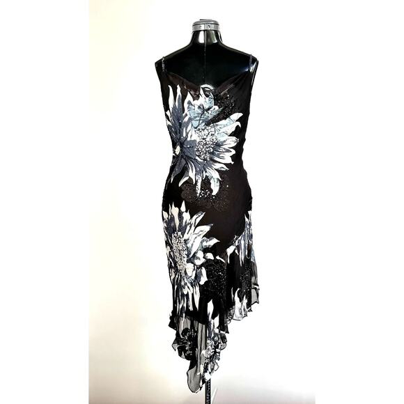 Cache Rare Vintage 90s Beaded Floral Print Silk Dress - Picture 1 of 11